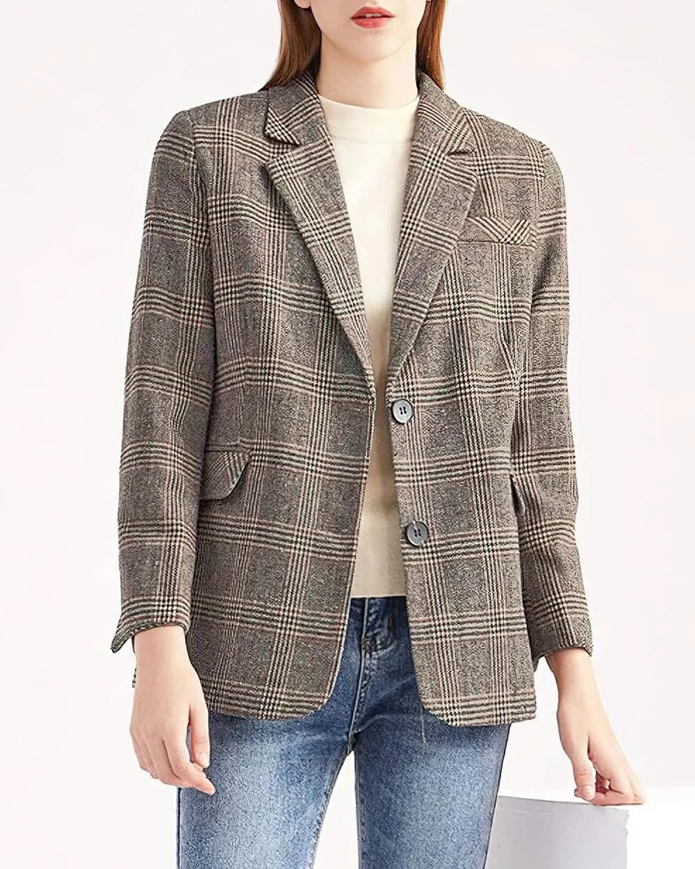 ebossy Women's Notch Lapel 2 Button Boyfriend Blazer Suit Houndstooth Plaid Jacket Coat