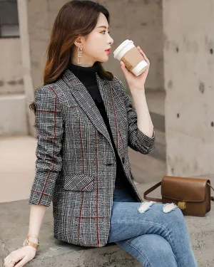 ebossy Women's Notch Lapel 2 Button Boyfriend Blazer Suit Houndstooth Plaid Jacket Coat