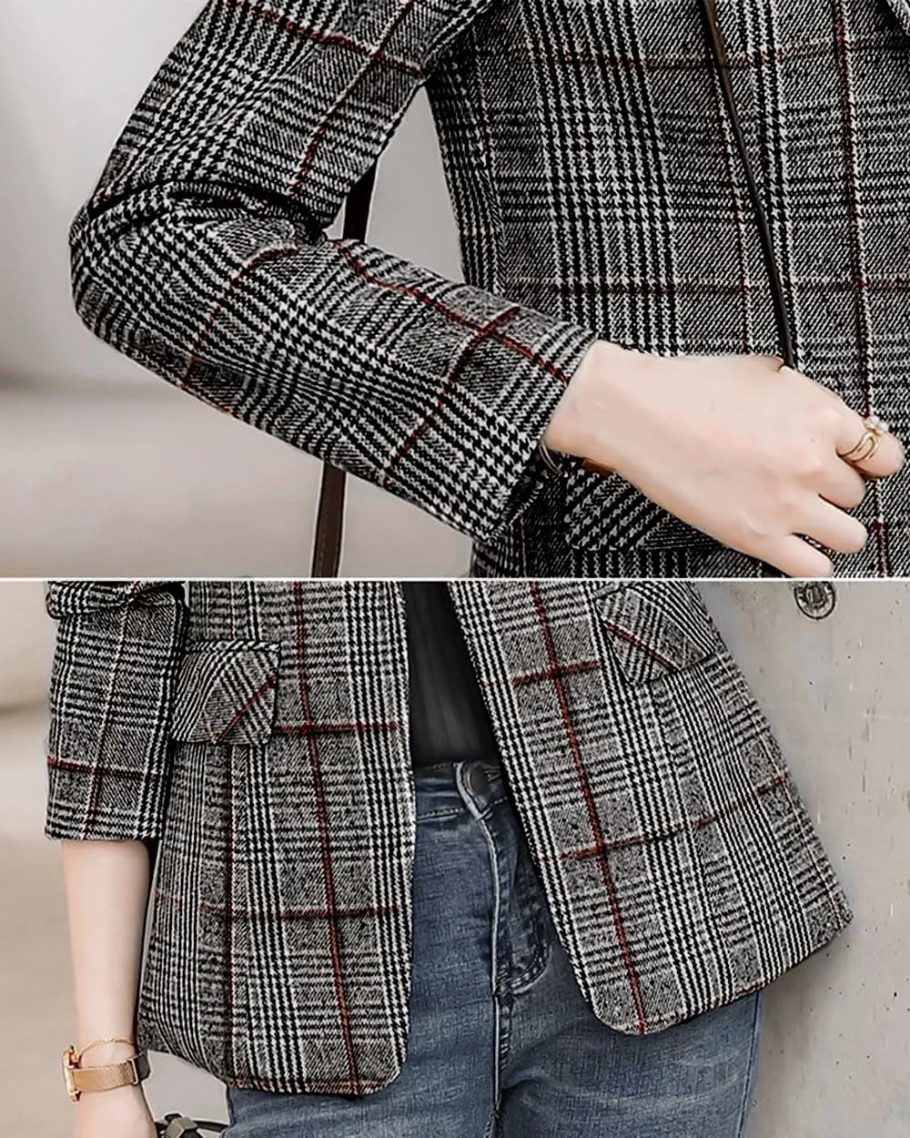 ebossy Women's Notch Lapel 2 Button Boyfriend Blazer Suit Houndstooth Plaid Jacket Coat