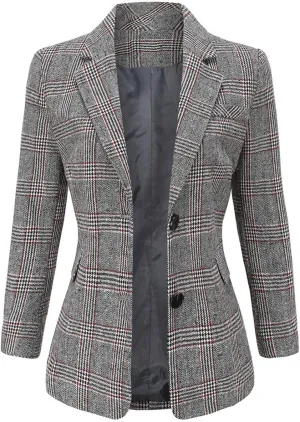 ebossy Women's Notch Lapel 2 Button Boyfriend Blazer Suit Houndstooth Plaid Jacket Coat