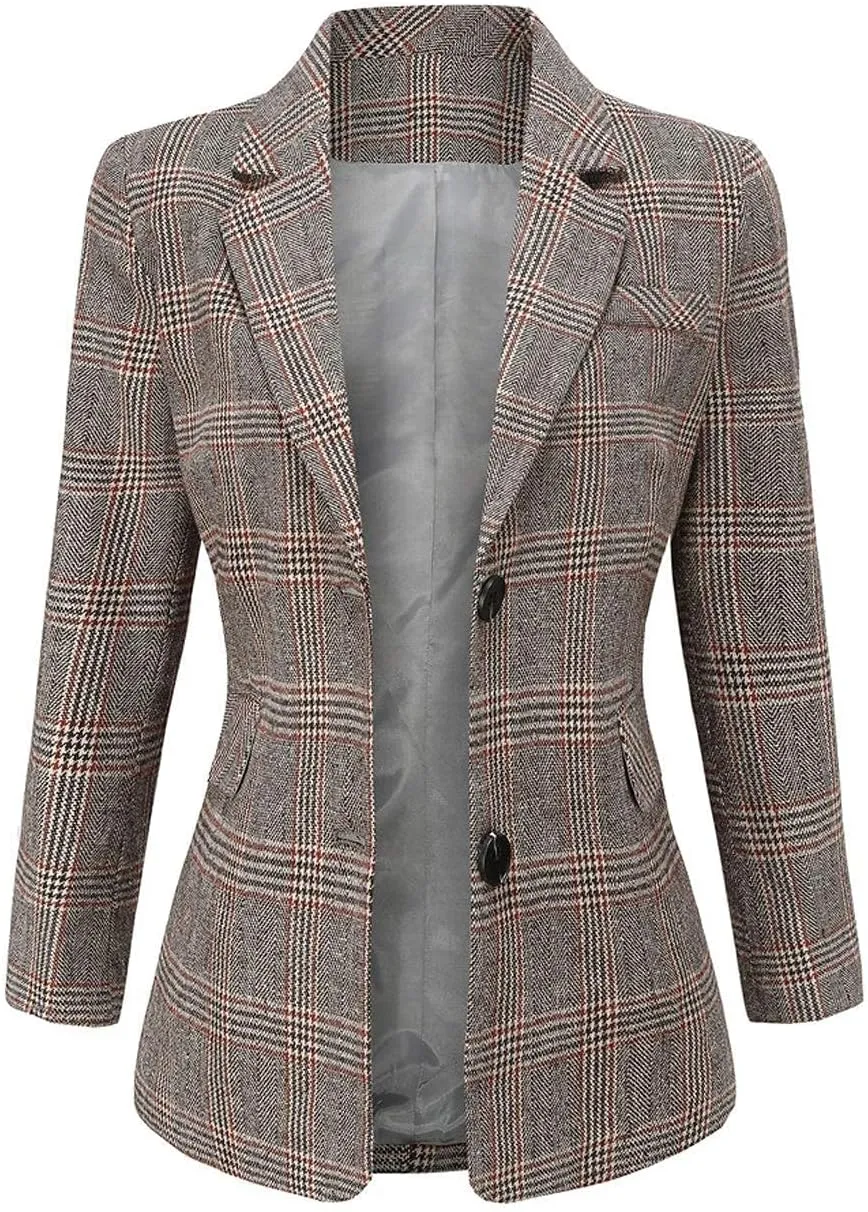 ebossy Women's Notch Lapel 2 Button Boyfriend Blazer Suit Houndstooth Plaid Jacket Coat
