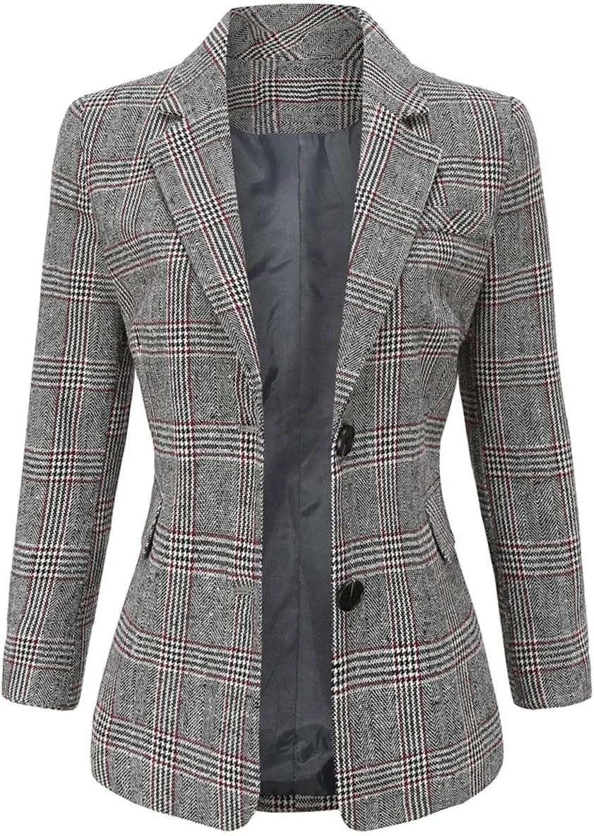 ebossy Women's Notch Lapel 2 Button Boyfriend Blazer Suit Houndstooth Plaid Jacket Coat