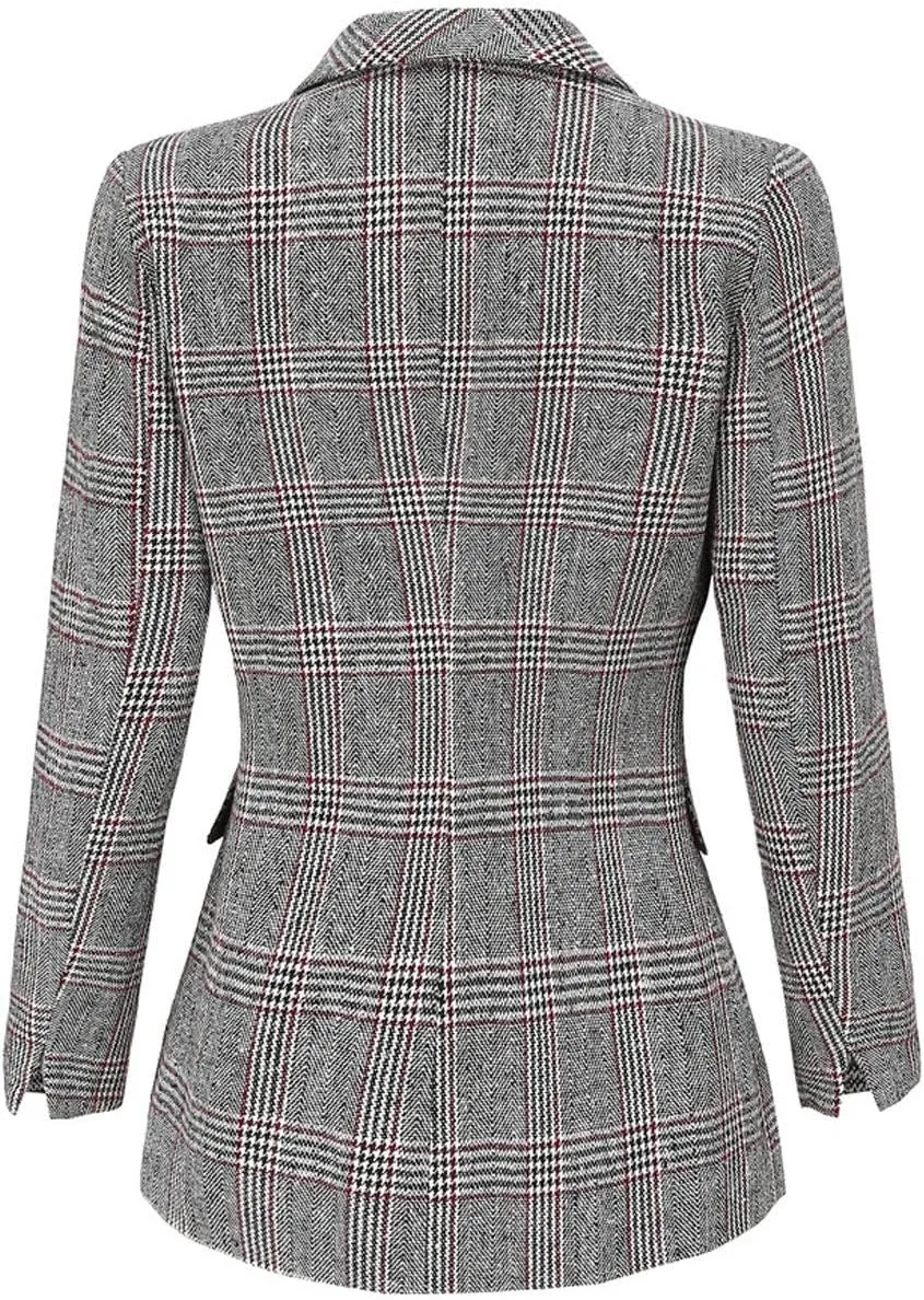 ebossy Women's Notch Lapel 2 Button Boyfriend Blazer Suit Houndstooth Plaid Jacket Coat