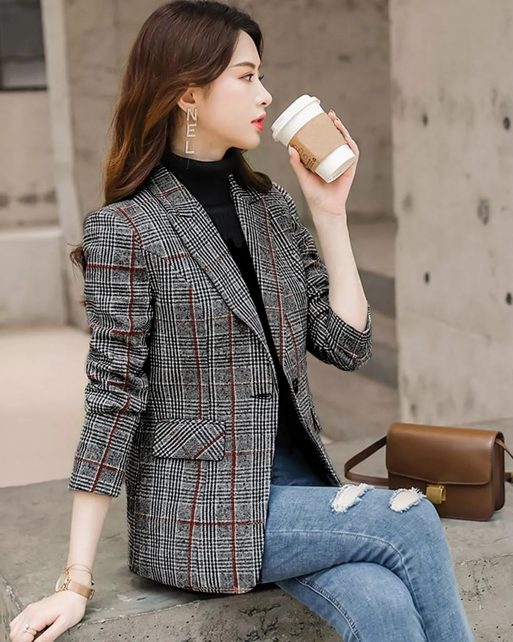 ebossy Women's Notch Lapel 2 Button Boyfriend Blazer Suit Houndstooth Plaid Jacket Coat
