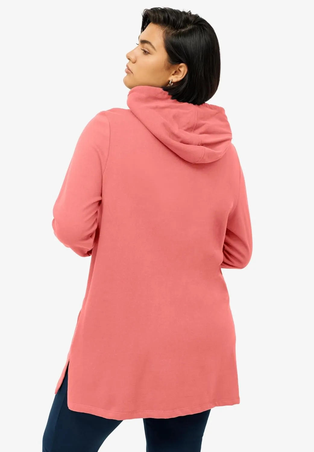 ellos Women's Plus Size Zip-Front Hoodie With Zip Pockets French Terry Long Oversized Jacket