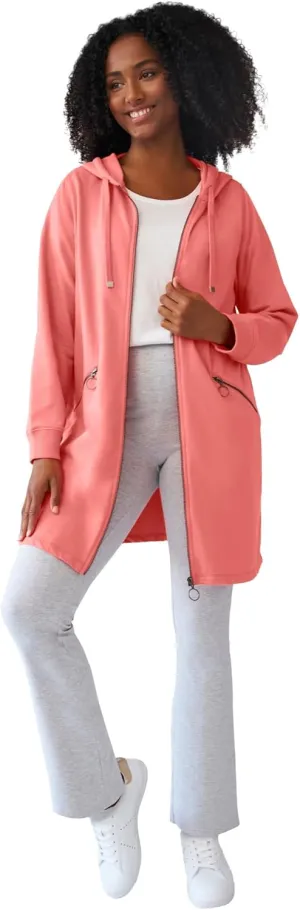 ellos Women's Plus Size Zip-Front Hoodie With Zip Pockets French Terry Long Oversized Jacket