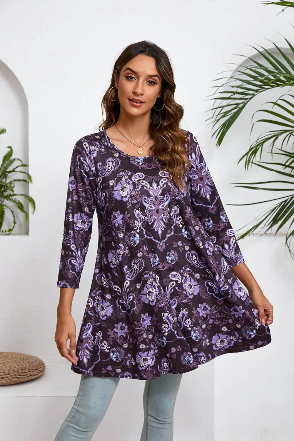 ENMAIN Women's Tops 3/4 Sleeve Dressy Casual Plus Size Tunic Tops to Wear with Leggings Swing Flare T-Shirt Loose Fit Blouses