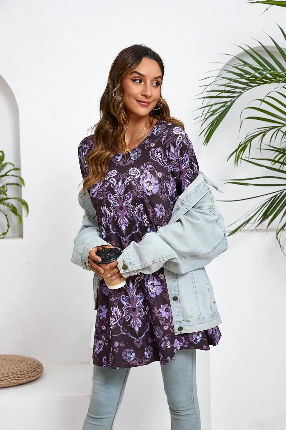 ENMAIN Women's Tops 3/4 Sleeve Dressy Casual Plus Size Tunic Tops to Wear with Leggings Swing Flare T-Shirt Loose Fit Blouses