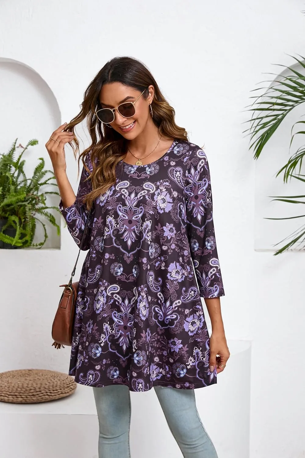 ENMAIN Women's Tops 3/4 Sleeve Dressy Casual Plus Size Tunic Tops to Wear with Leggings Swing Flare T-Shirt Loose Fit Blouses