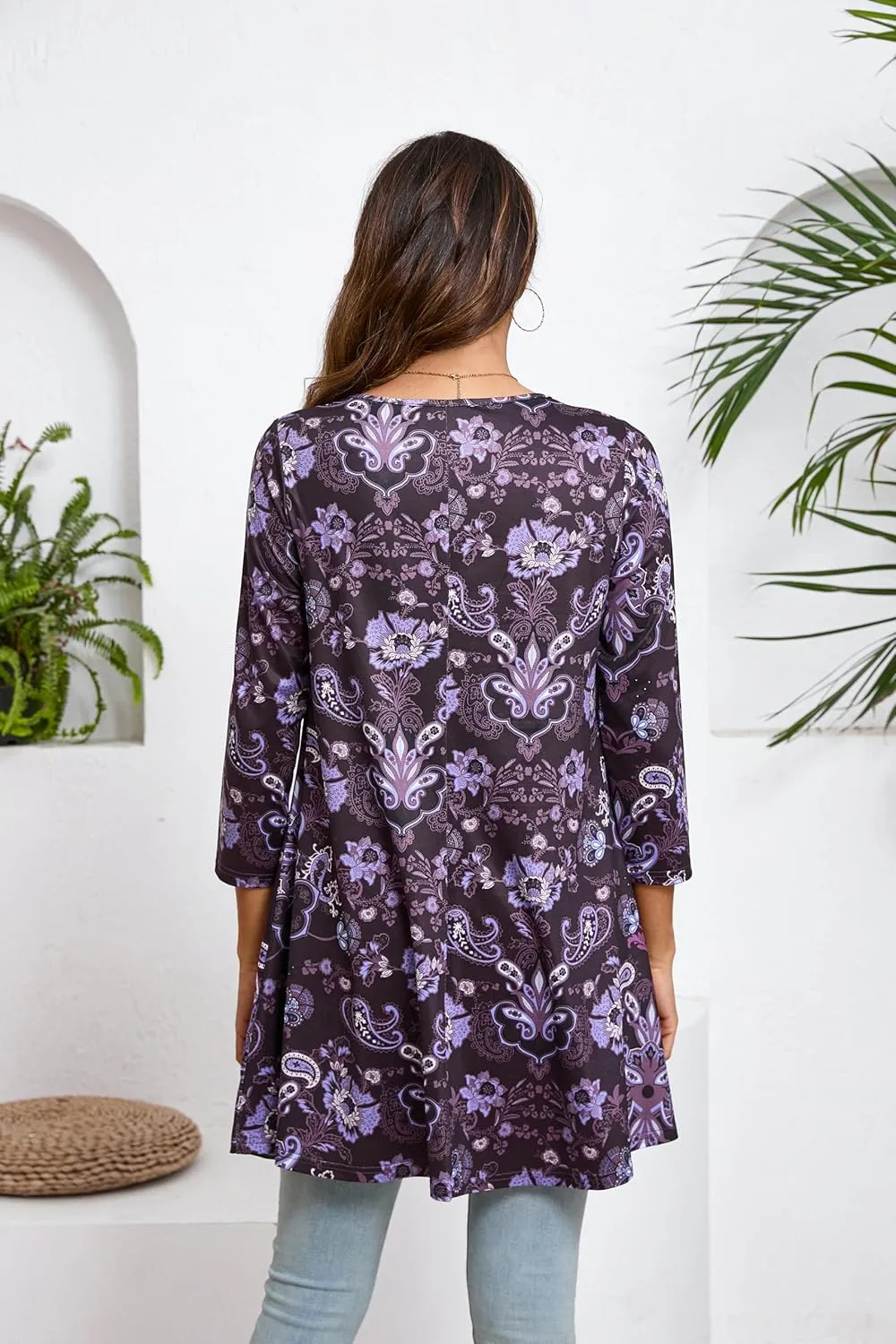 ENMAIN Women's Tops 3/4 Sleeve Dressy Casual Plus Size Tunic Tops to Wear with Leggings Swing Flare T-Shirt Loose Fit Blouses