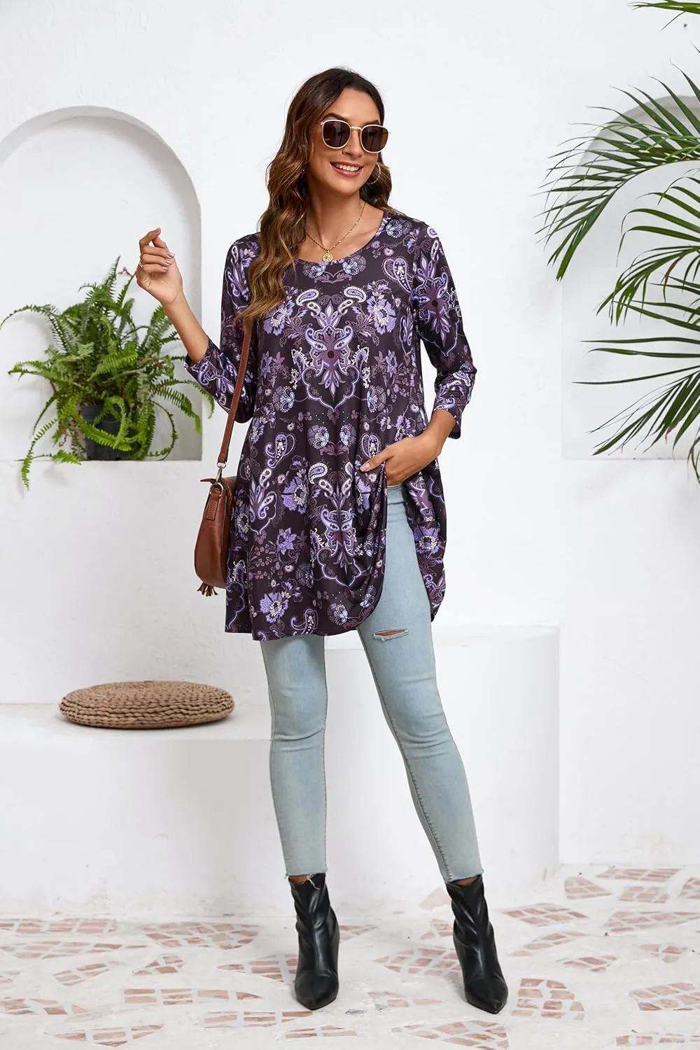 ENMAIN Women's Tops 3/4 Sleeve Dressy Casual Plus Size Tunic Tops to Wear with Leggings Swing Flare T-Shirt Loose Fit Blouses