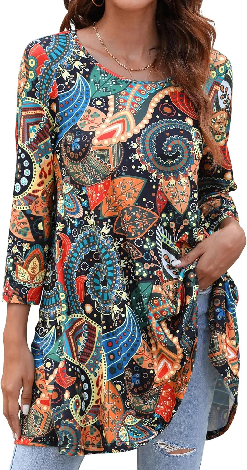 ENMAIN Women's Tops 3/4 Sleeve Dressy Casual Plus Size Tunic Tops to Wear with Leggings Swing Flare T-Shirt Loose Fit Blouses