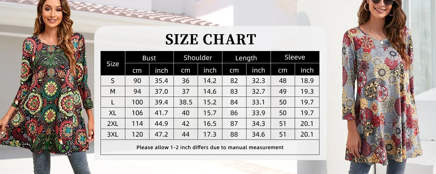 ENMAIN Women's Tops 3/4 Sleeve Dressy Casual Plus Size Tunic Tops to Wear with Leggings Swing Flare T-Shirt Loose Fit Blouses
