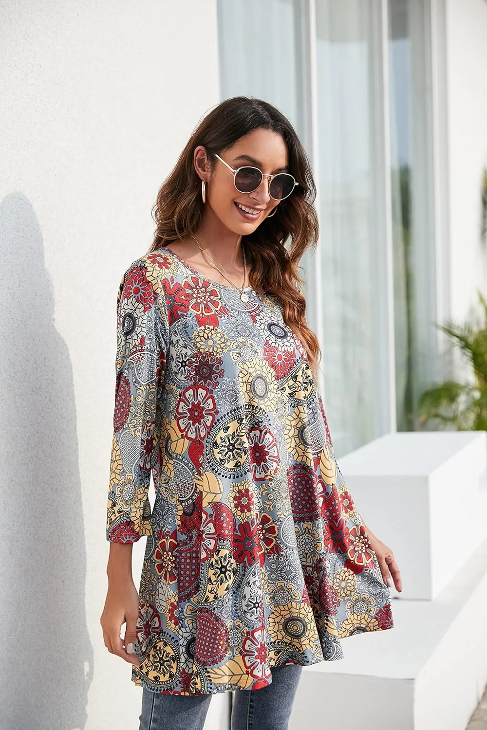 ENMAIN Womens Tunic Tops 3/4 Sleeve Plus Size Loose Fit Tunics Dressy Casual Paisley Floral Swing Flare Top for Leggings