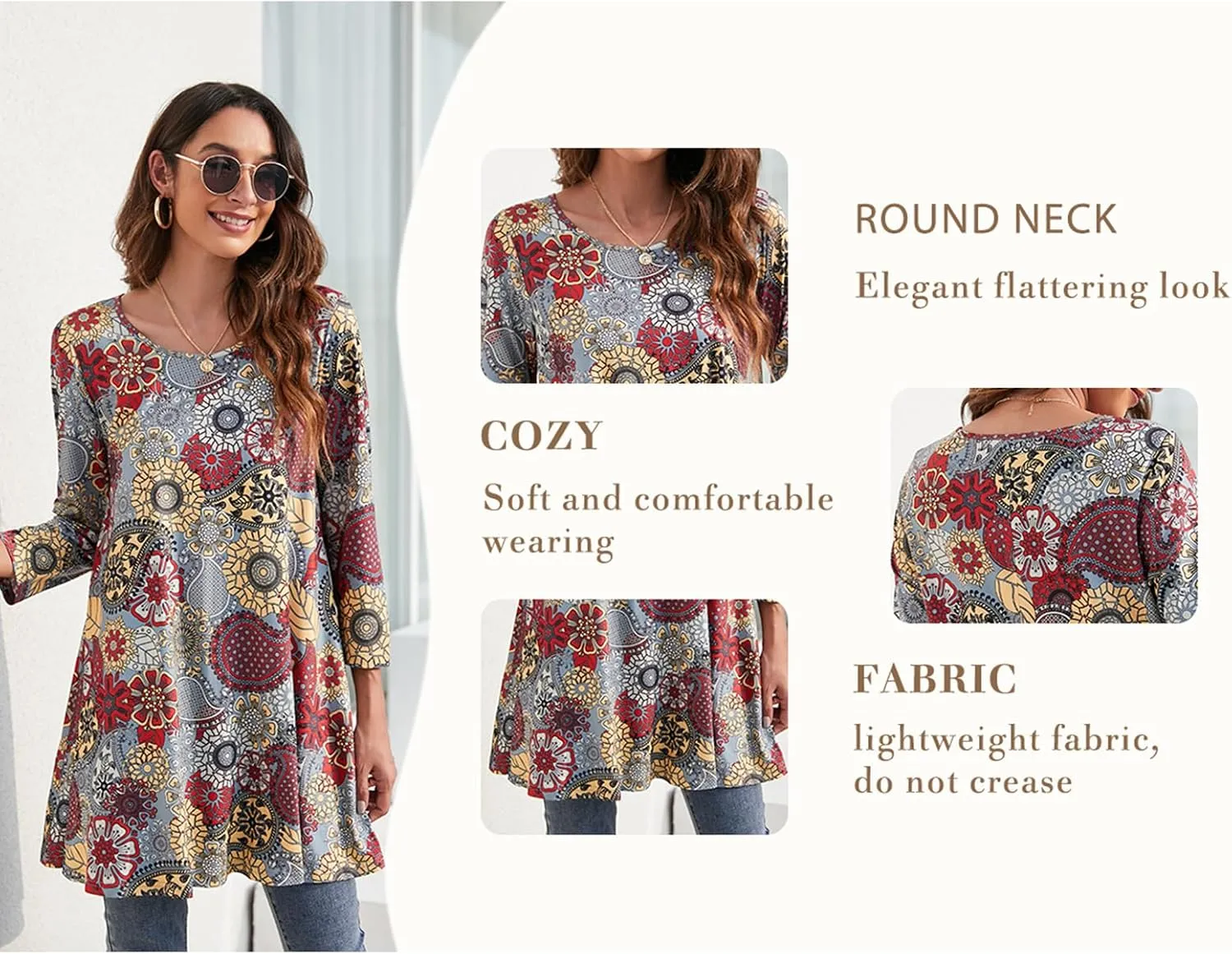 ENMAIN Womens Tunic Tops 3/4 Sleeve Plus Size Loose Fit Tunics Dressy Casual Paisley Floral Swing Flare Top for Leggings