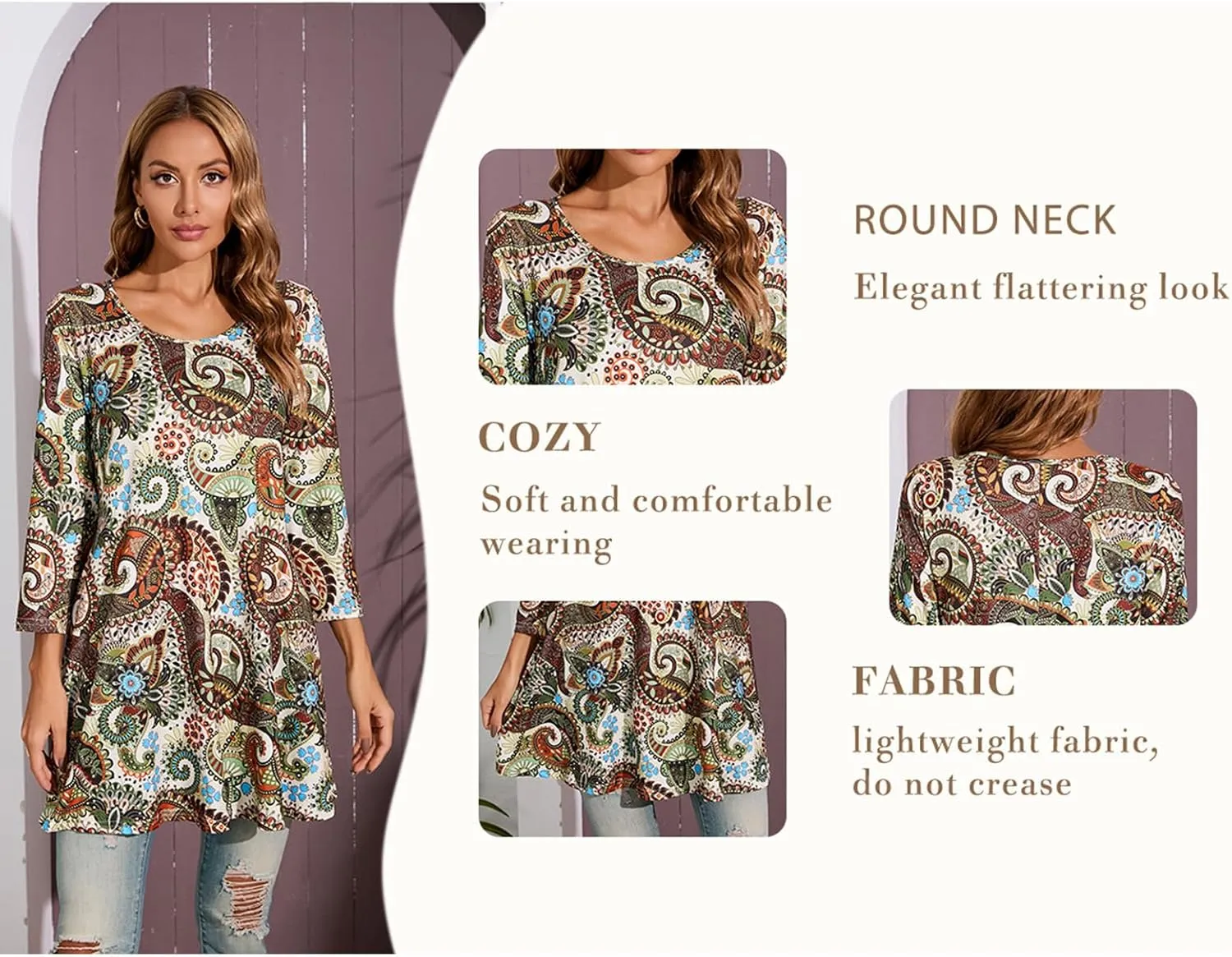 ENMAIN Womens Tunic Tops 3/4 Sleeve Plus Size Loose Fit Tunics Dressy Casual Paisley Floral Swing Flare Top for Leggings