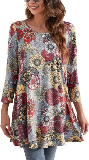 ENMAIN Womens Tunic Tops 3/4 Sleeve Plus Size Loose Fit Tunics Dressy Casual Paisley Floral Swing Flare Top for Leggings