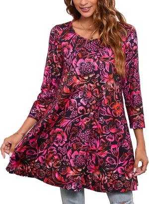 ENMAIN Womens Tunic Tops 3/4 Sleeve Plus Size Loose Fit Tunics Dressy Casual Paisley Floral Swing Flare Top for Leggings