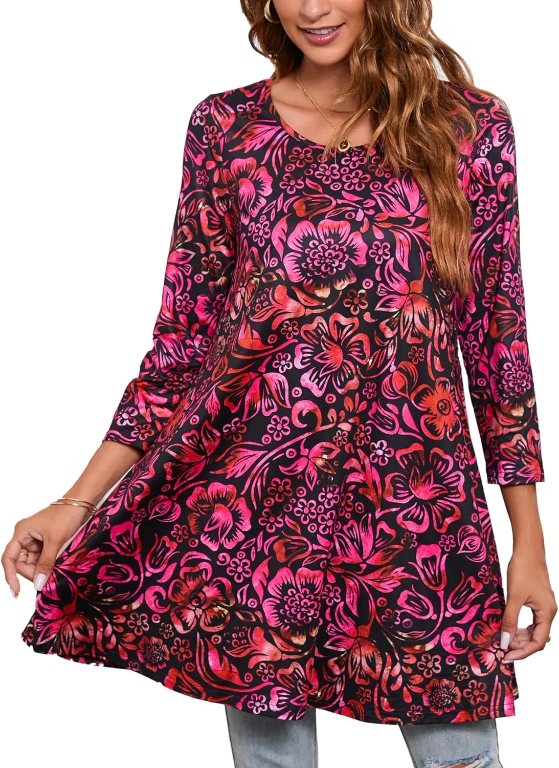 ENMAIN Womens Tunic Tops 3/4 Sleeve Plus Size Loose Fit Tunics Dressy Casual Paisley Floral Swing Flare Top for Leggings