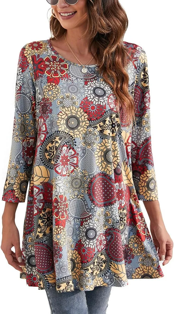ENMAIN Womens Tunic Tops 3/4 Sleeve Plus Size Loose Fit Tunics Dressy Casual Paisley Floral Swing Flare Top for Leggings