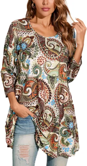 ENMAIN Womens Tunic Tops 3/4 Sleeve Plus Size Loose Fit Tunics Dressy Casual Paisley Floral Swing Flare Top for Leggings