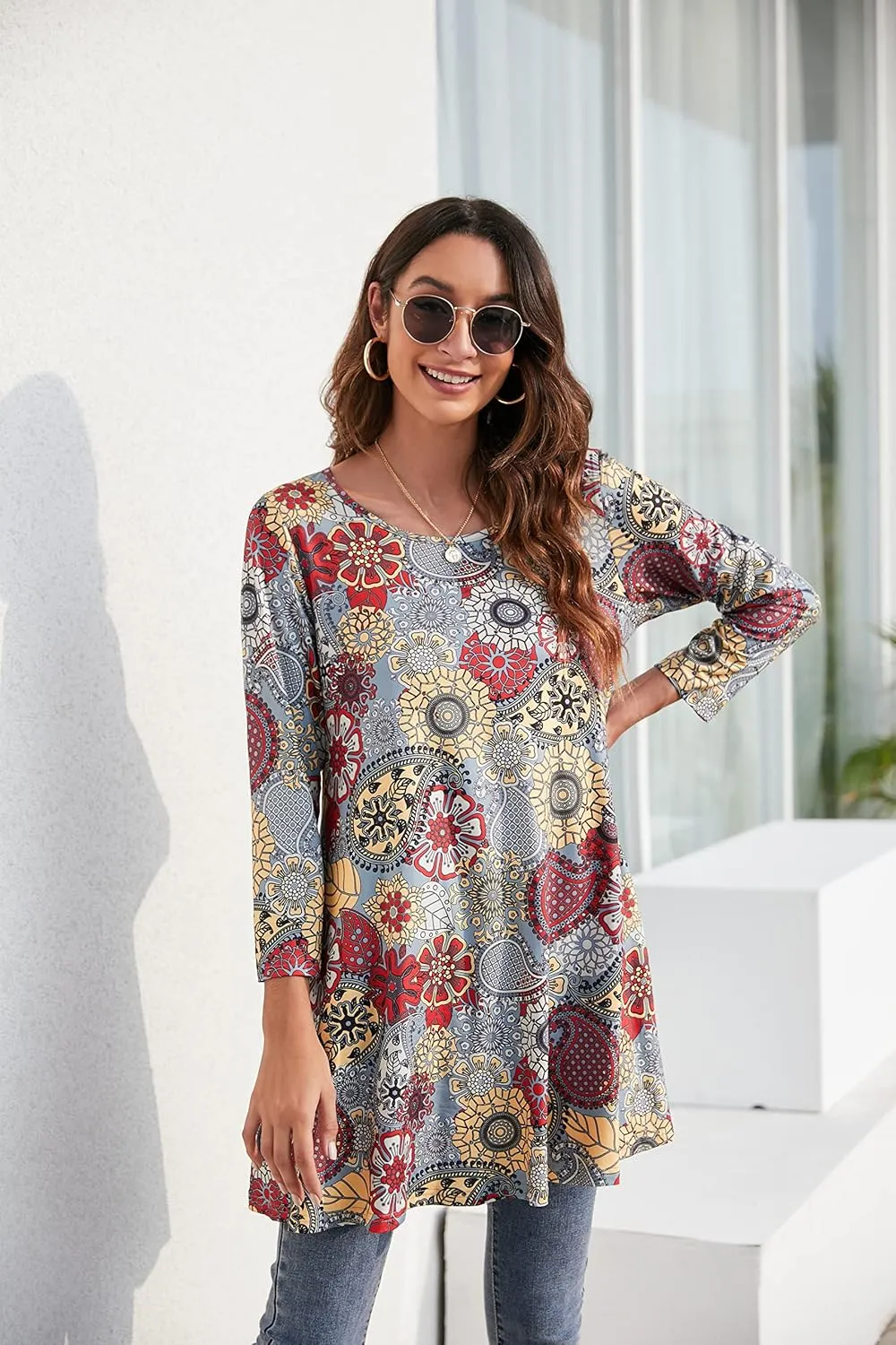 ENMAIN Womens Tunic Tops 3/4 Sleeve Plus Size Loose Fit Tunics Dressy Casual Paisley Floral Swing Flare Top for Leggings