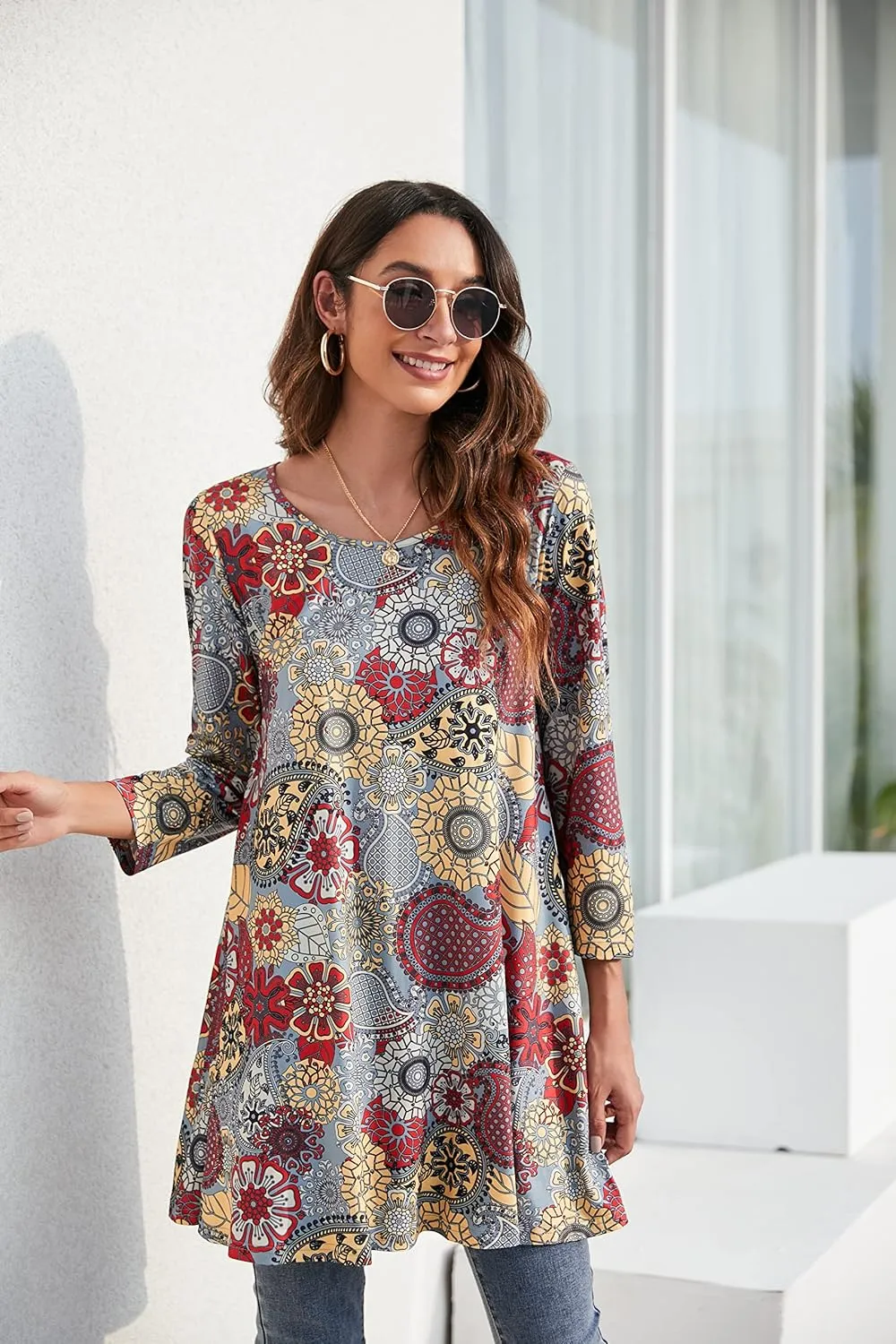 ENMAIN Womens Tunic Tops 3/4 Sleeve Plus Size Loose Fit Tunics Dressy Casual Paisley Floral Swing Flare Top for Leggings