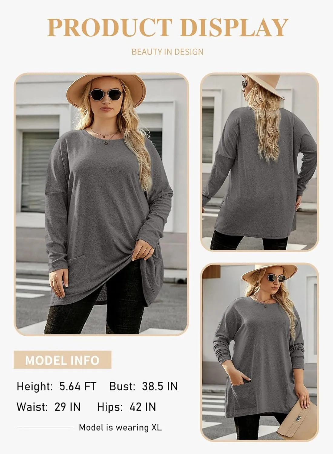 Eytino Womens Plus Size Long Sleeve Tops Crewneck Lightweight Sweatshirt Loose Casual Oversized T Shirts with Pockets(1X-5X)