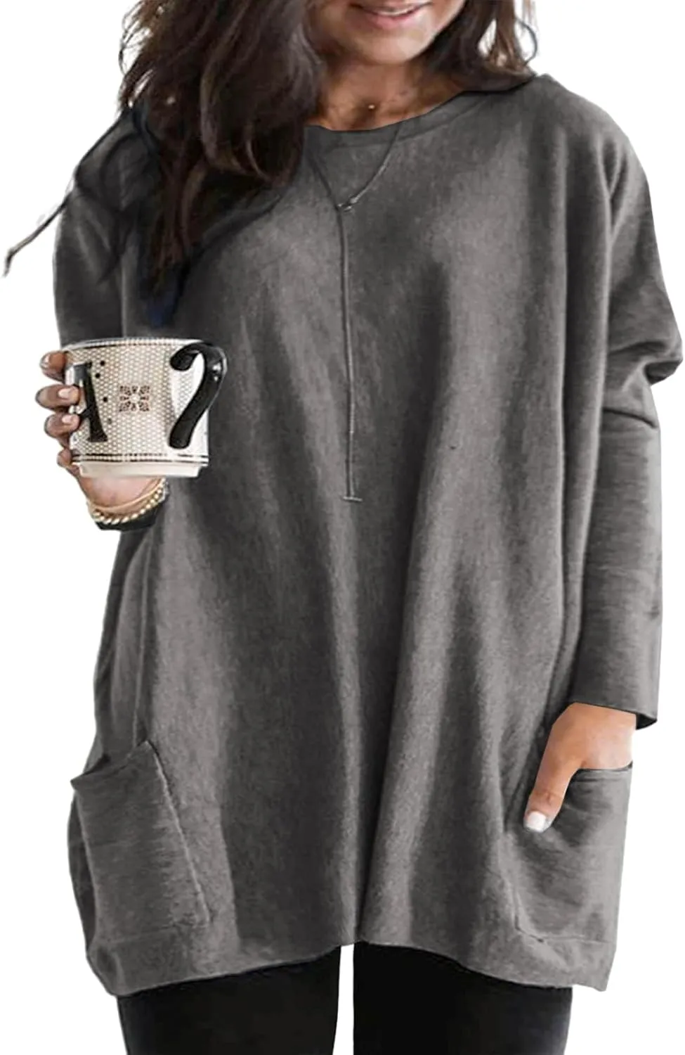 Eytino Womens Plus Size Long Sleeve Tops Crewneck Lightweight Sweatshirt Loose Casual Oversized T Shirts with Pockets(1X-5X)
