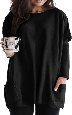 Eytino Womens Plus Size Long Sleeve Tops Crewneck Lightweight Sweatshirt Loose Casual Oversized T Shirts with Pockets(1X-5X)