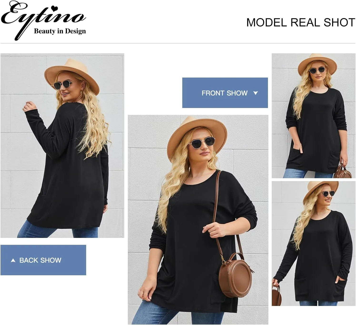 Eytino Womens Plus Size Long Sleeve Tops Crewneck Lightweight Sweatshirt Loose Casual Oversized T Shirts with Pockets(1X-5X)