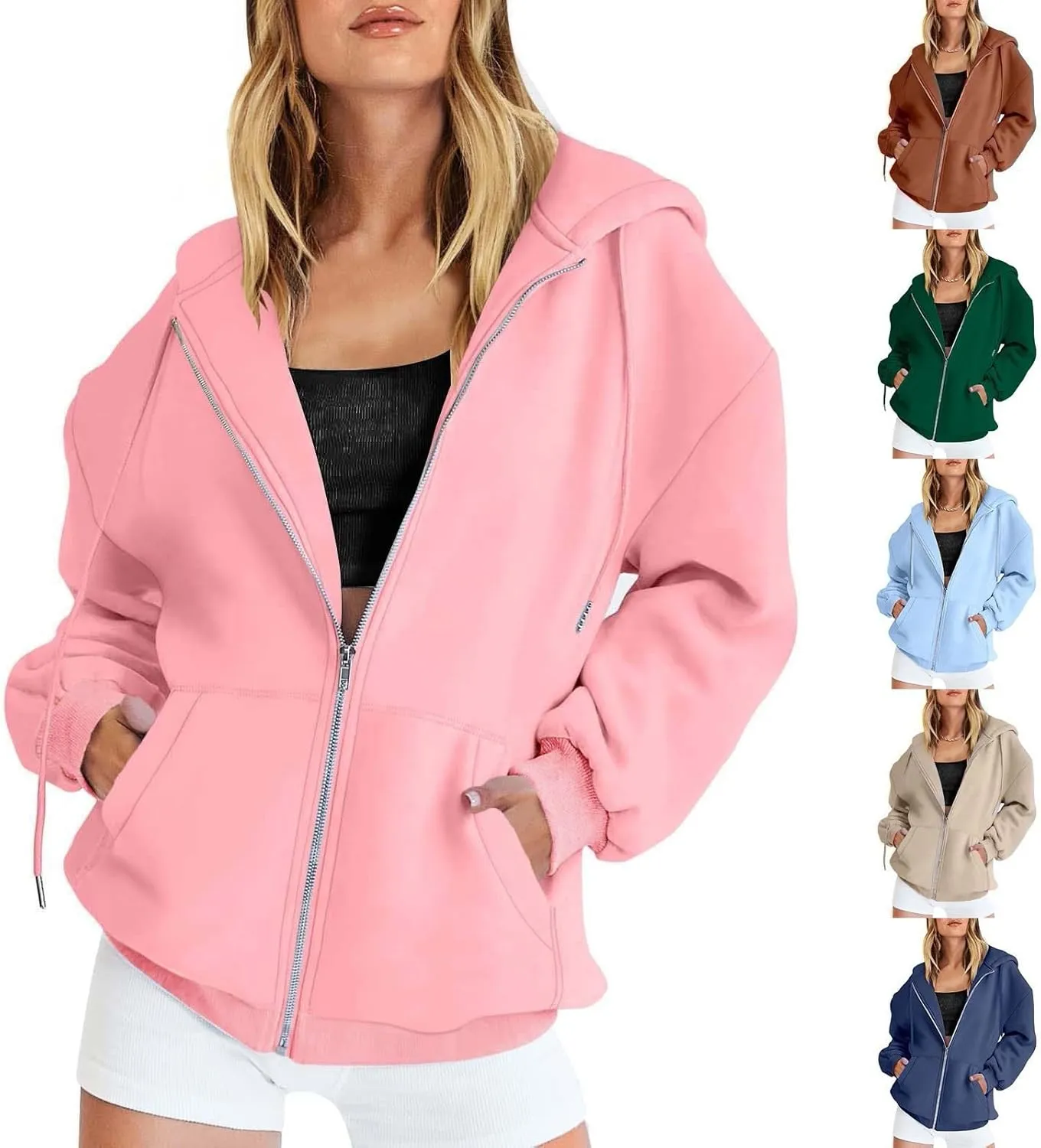 Fall Hoodies Jackets for Women Oversized Preppy Full Zip Up Drawstring Hooded Coats Fashion Solid Color Chunky Hoodie