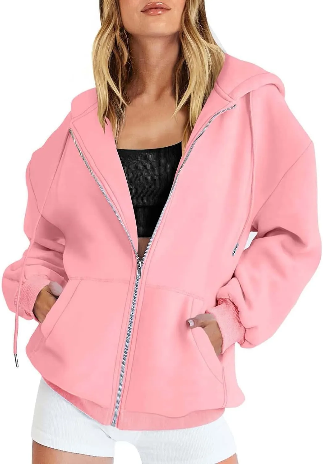 Fall Hoodies Jackets for Women Oversized Preppy Full Zip Up Drawstring Hooded Coats Fashion Solid Color Chunky Hoodie