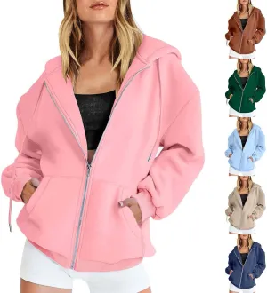 Fall Hoodies Jackets for Women Oversized Preppy Full Zip Up Drawstring Hooded Coats Fashion Solid Color Chunky Hoodie