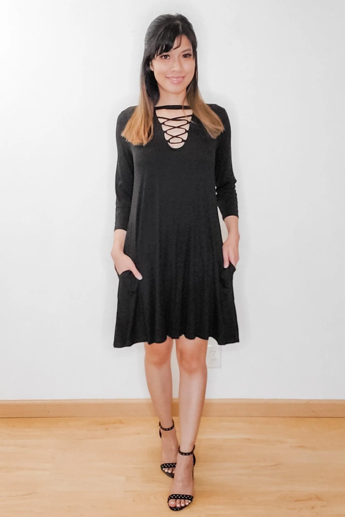 FINAL SALE -  Black Lace Up Swing Dress