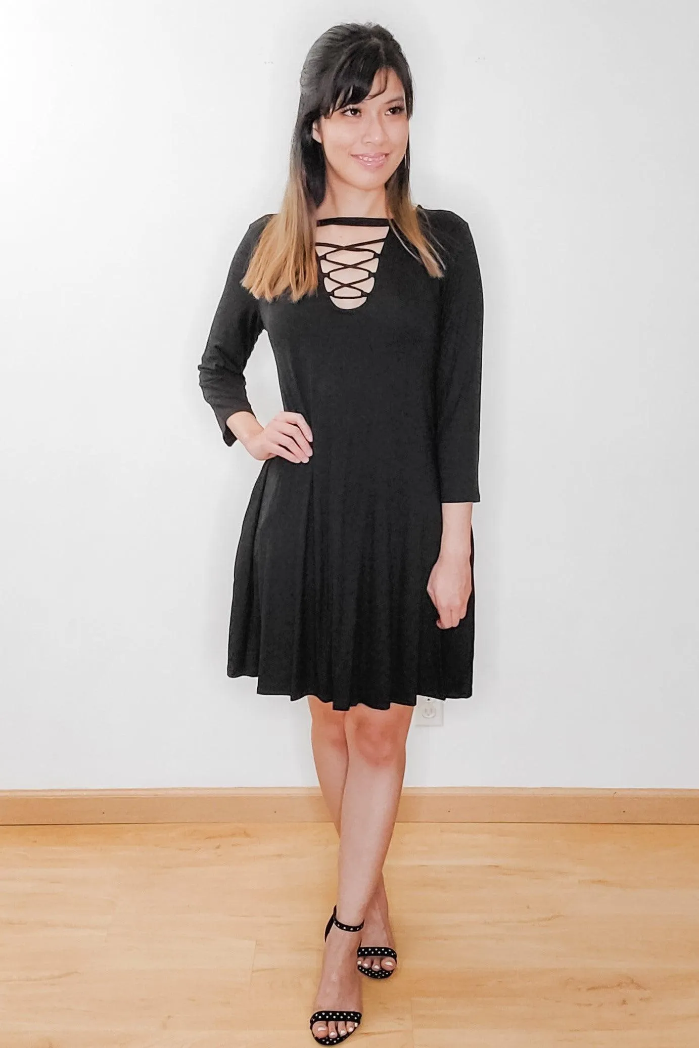FINAL SALE -  Black Lace Up Swing Dress