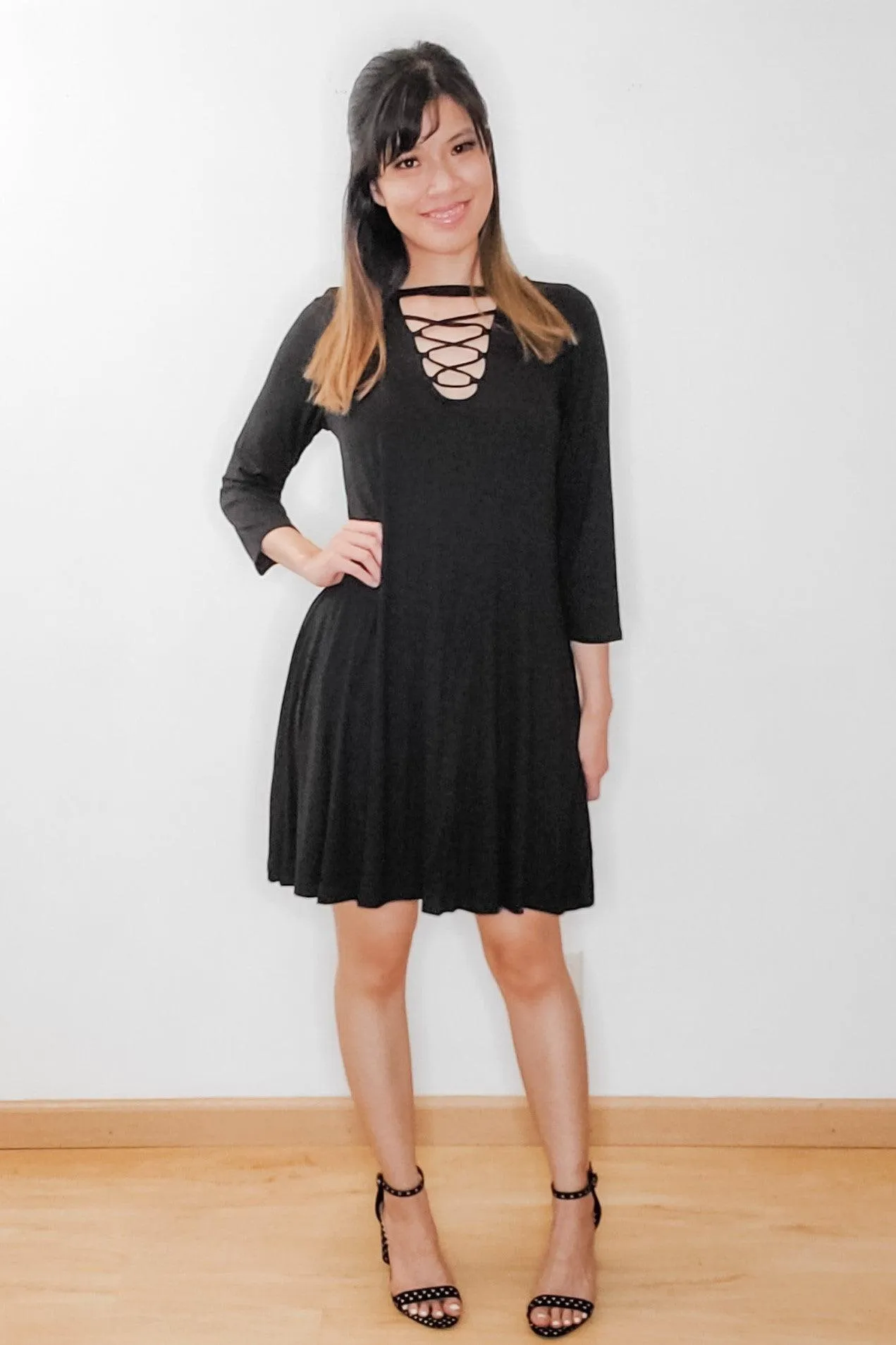 FINAL SALE -  Black Lace Up Swing Dress