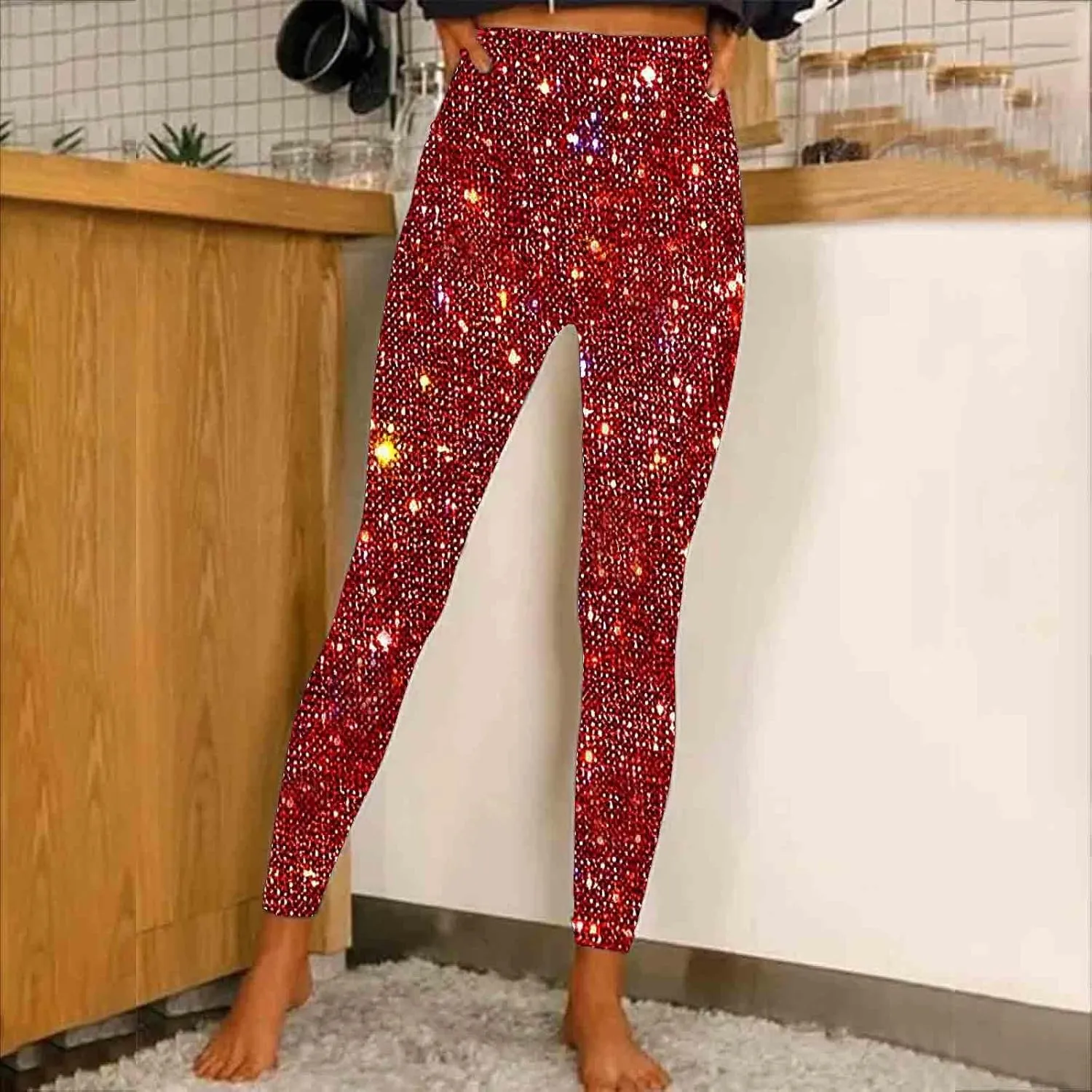 Firzero Black Leggings Women Dressy Sequin Bling Legging Joggers Elastic High Waist Pencil Pants Sparkly Skinny Trousers