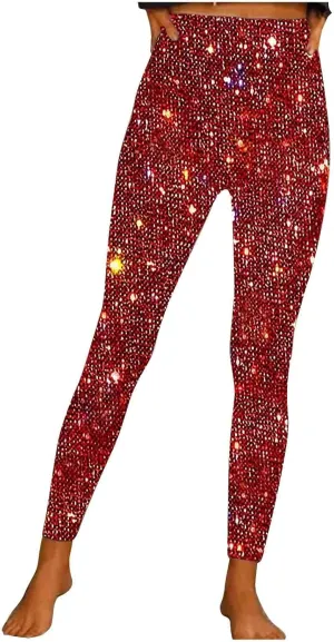 Firzero Black Leggings Women Dressy Sequin Bling Legging Joggers Elastic High Waist Pencil Pants Sparkly Skinny Trousers
