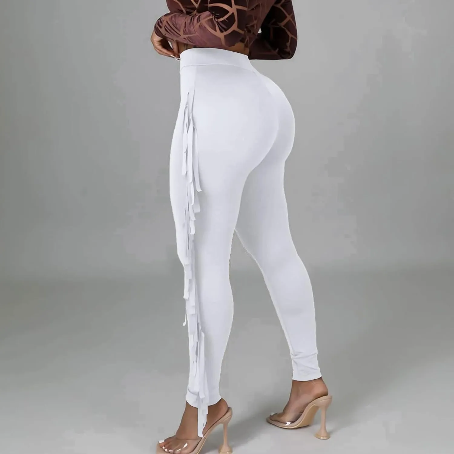 Firzero Women's Fringe Pants Casual High Waist Bodycon Side Tassel Pants Sexy Yoga Pants Long Lounge Jogger