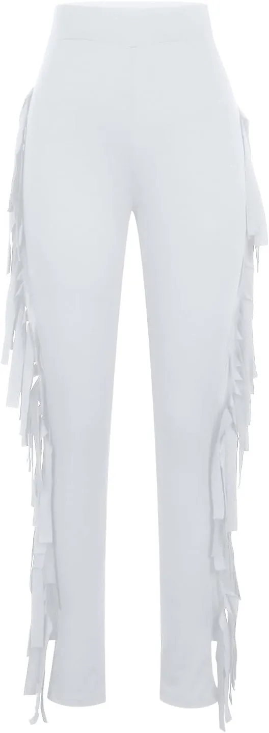 Firzero Women's Fringe Pants Casual High Waist Bodycon Side Tassel Pants Sexy Yoga Pants Long Lounge Jogger