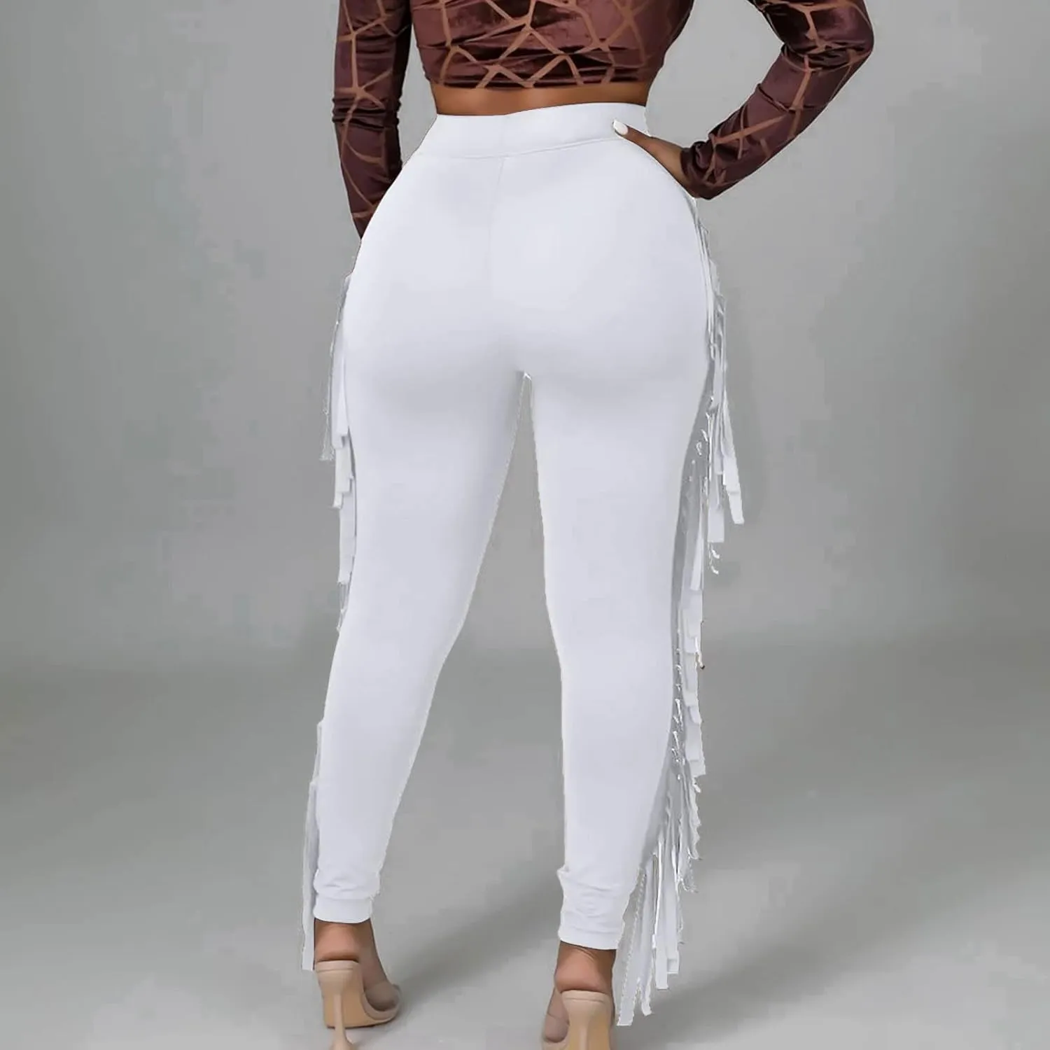 Firzero Women's Fringe Pants Casual High Waist Bodycon Side Tassel Pants Sexy Yoga Pants Long Lounge Jogger