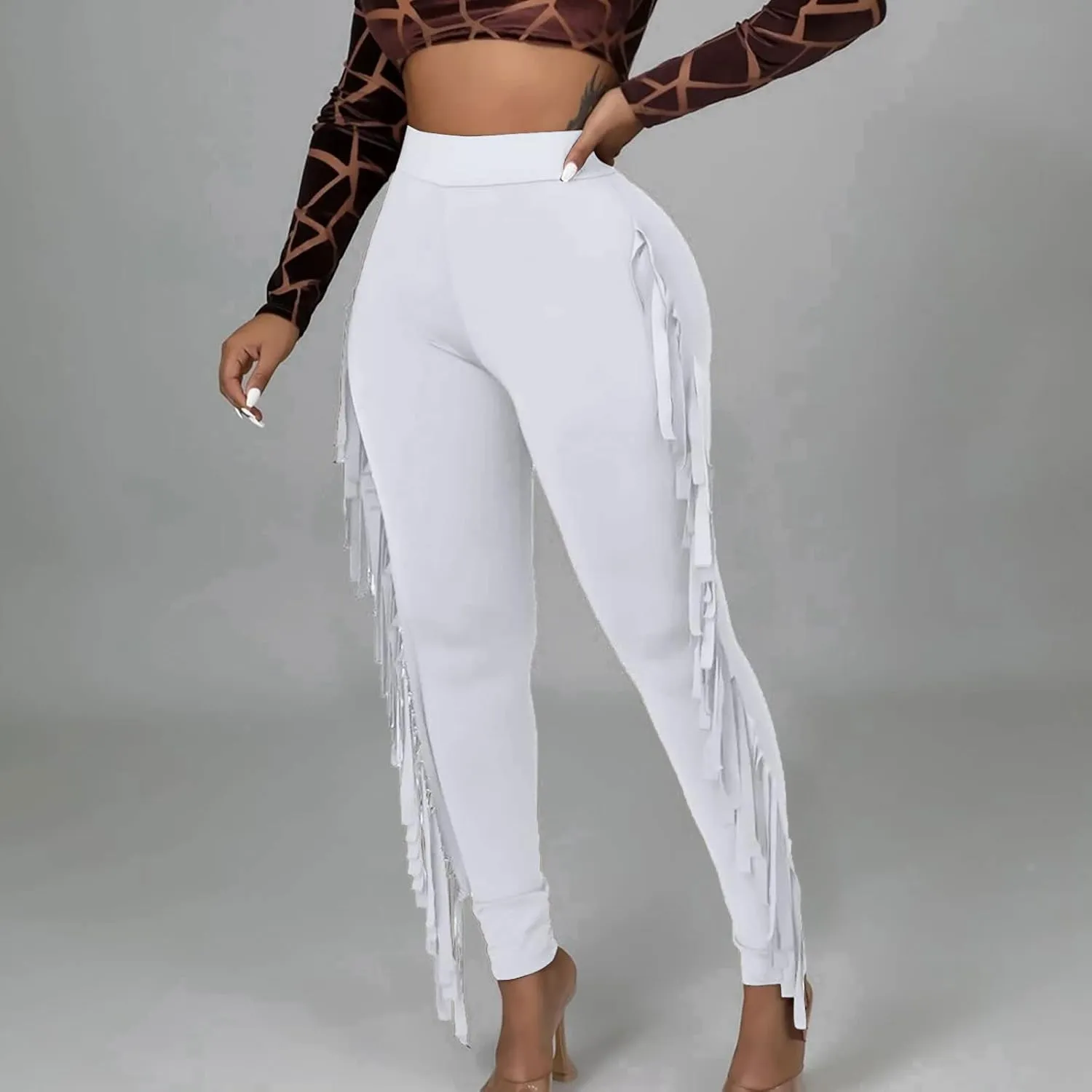 Firzero Women's Fringe Pants Casual High Waist Bodycon Side Tassel Pants Sexy Yoga Pants Long Lounge Jogger
