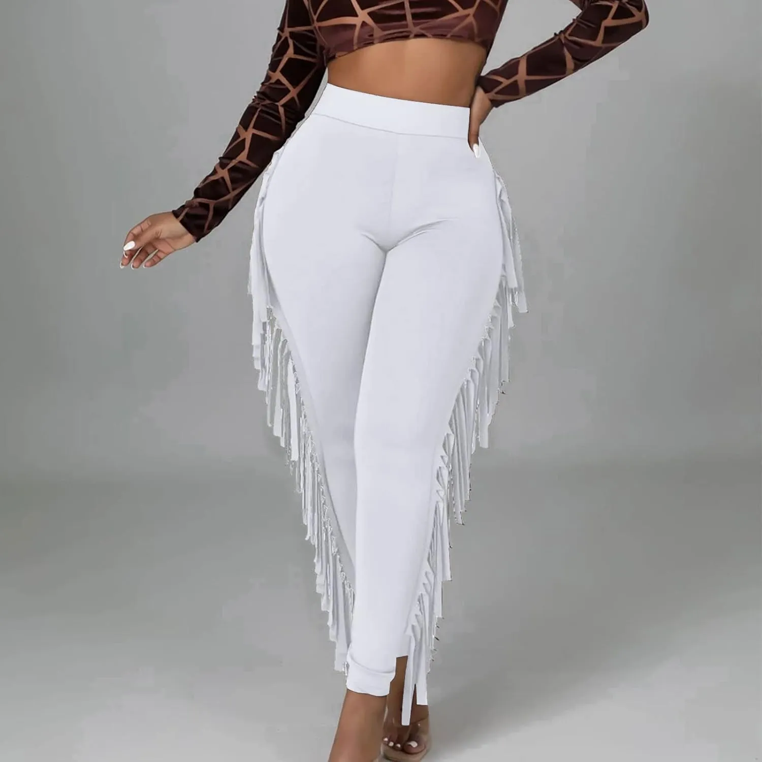 Firzero Women's Fringe Pants Casual High Waist Bodycon Side Tassel Pants Sexy Yoga Pants Long Lounge Jogger