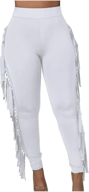 Firzero Women's Fringe Pants Casual High Waist Bodycon Side Tassel Pants Sexy Yoga Pants Long Lounge Jogger