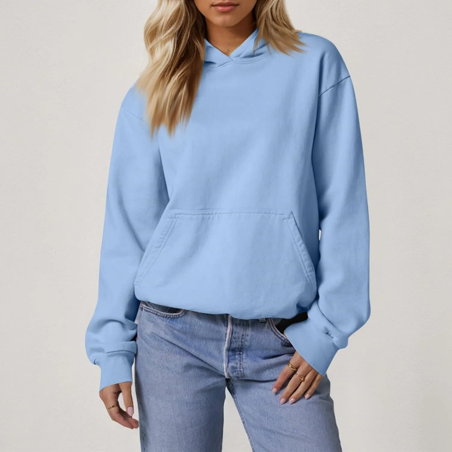 Fleece Hoodie Women Loose Fit Solid Color Oversized Sweaters Long Sleeve Hooded Sweatshirt with Pockets Pullover Tops