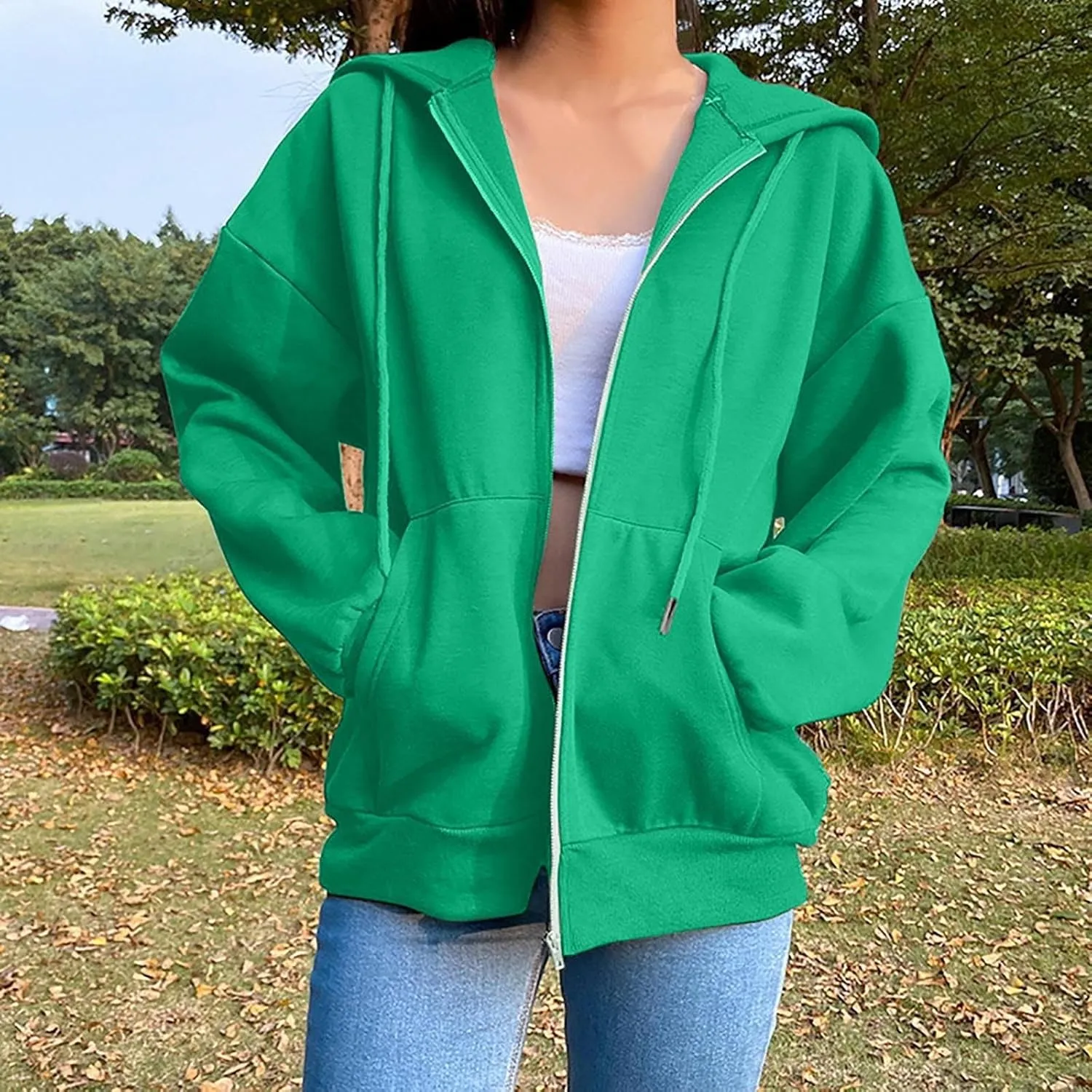 Fleece Hoodies for Women Solid Color Long Sleeve Drawstring Hooded Zip Up Thick Warm Coats Trendy Open Front Jackets