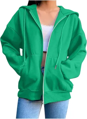 Fleece Hoodies for Women Solid Color Long Sleeve Drawstring Hooded Zip Up Thick Warm Coats Trendy Open Front Jackets