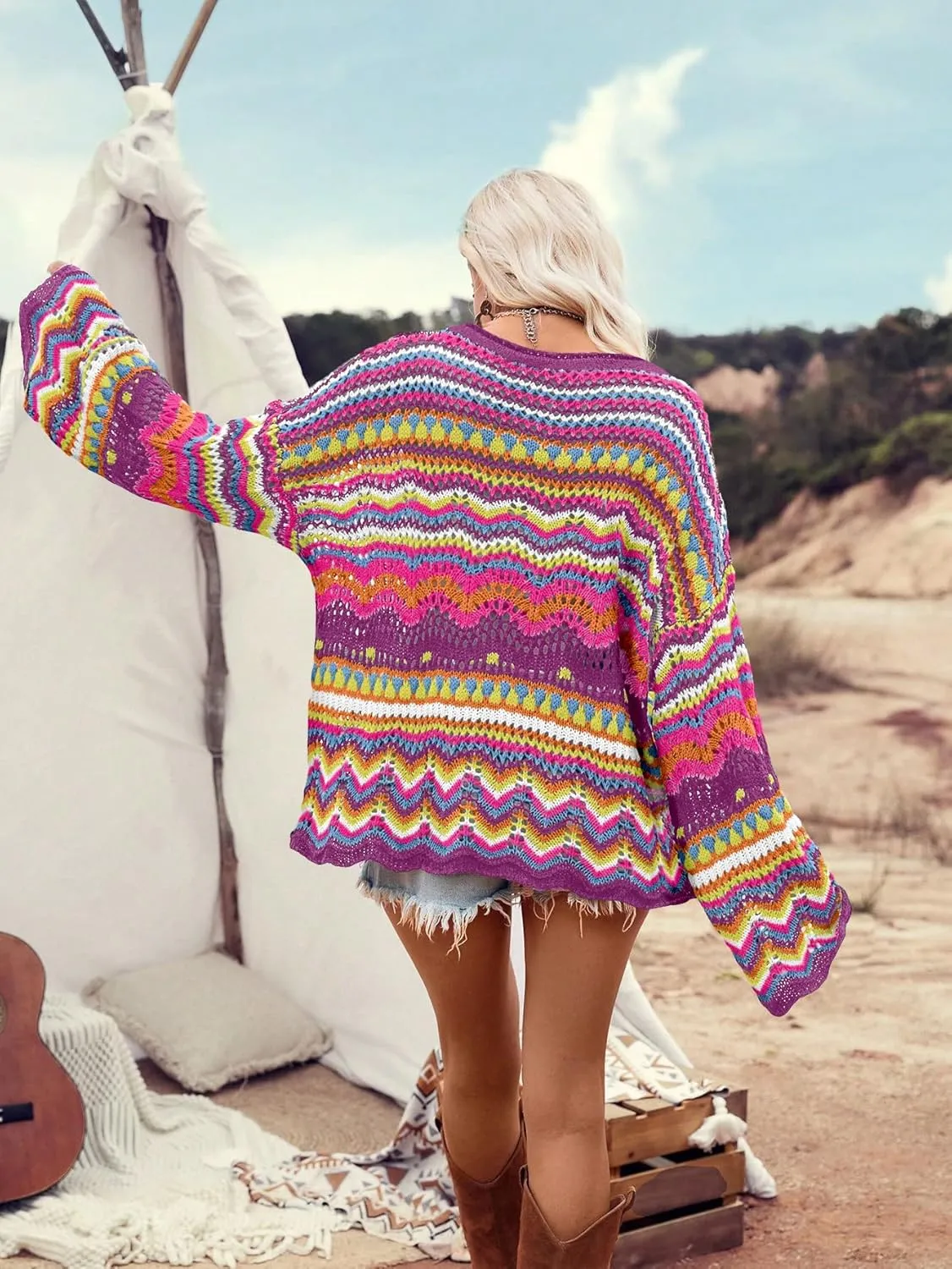 Floerns Women's Colorful Sweater Crochet Open Knit Long Sleeve Drop Shoulder Oversized Sweater