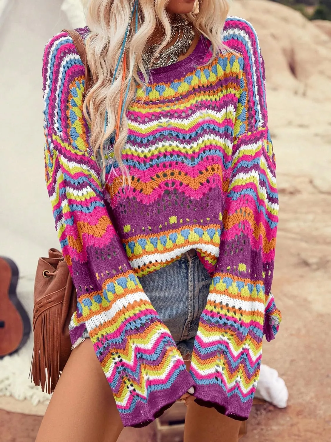 Floerns Women's Colorful Sweater Crochet Open Knit Long Sleeve Drop Shoulder Oversized Sweater